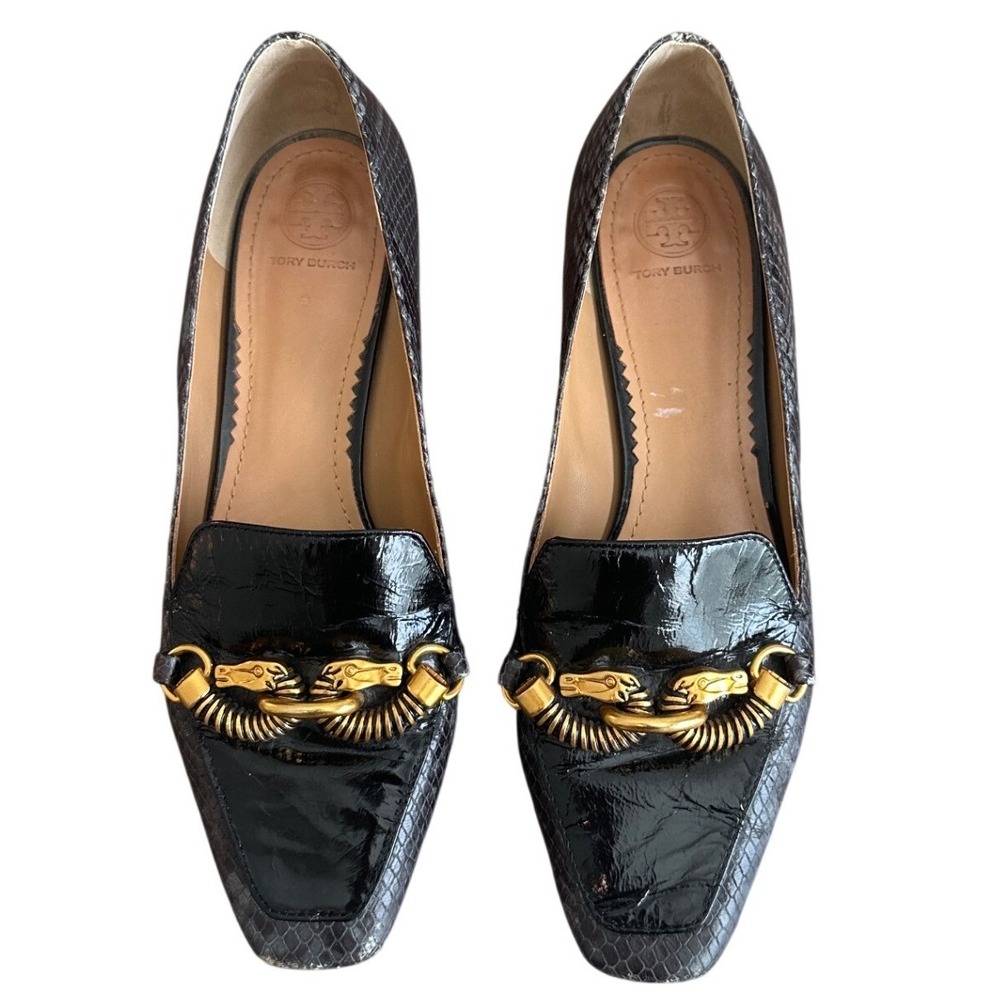Tory Burch Jessa Horsehead Loafers Snake Patent Leather Black Gold 8.5
